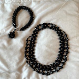 Vintage black beaded necklace and bracelet set.